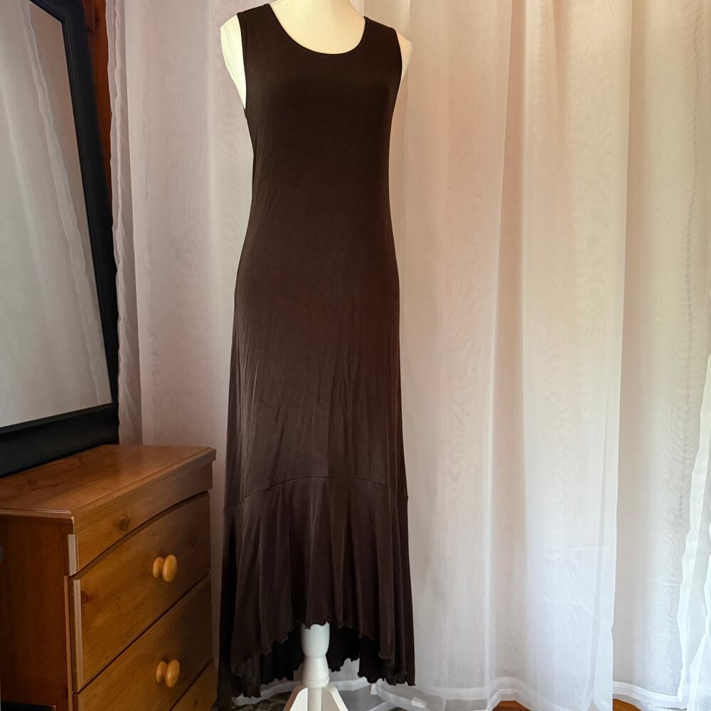 Chicos Travelers Slinky Chocolate Brown Midi Hi Low Ruffle Hem Dress Sz 0 Y2K